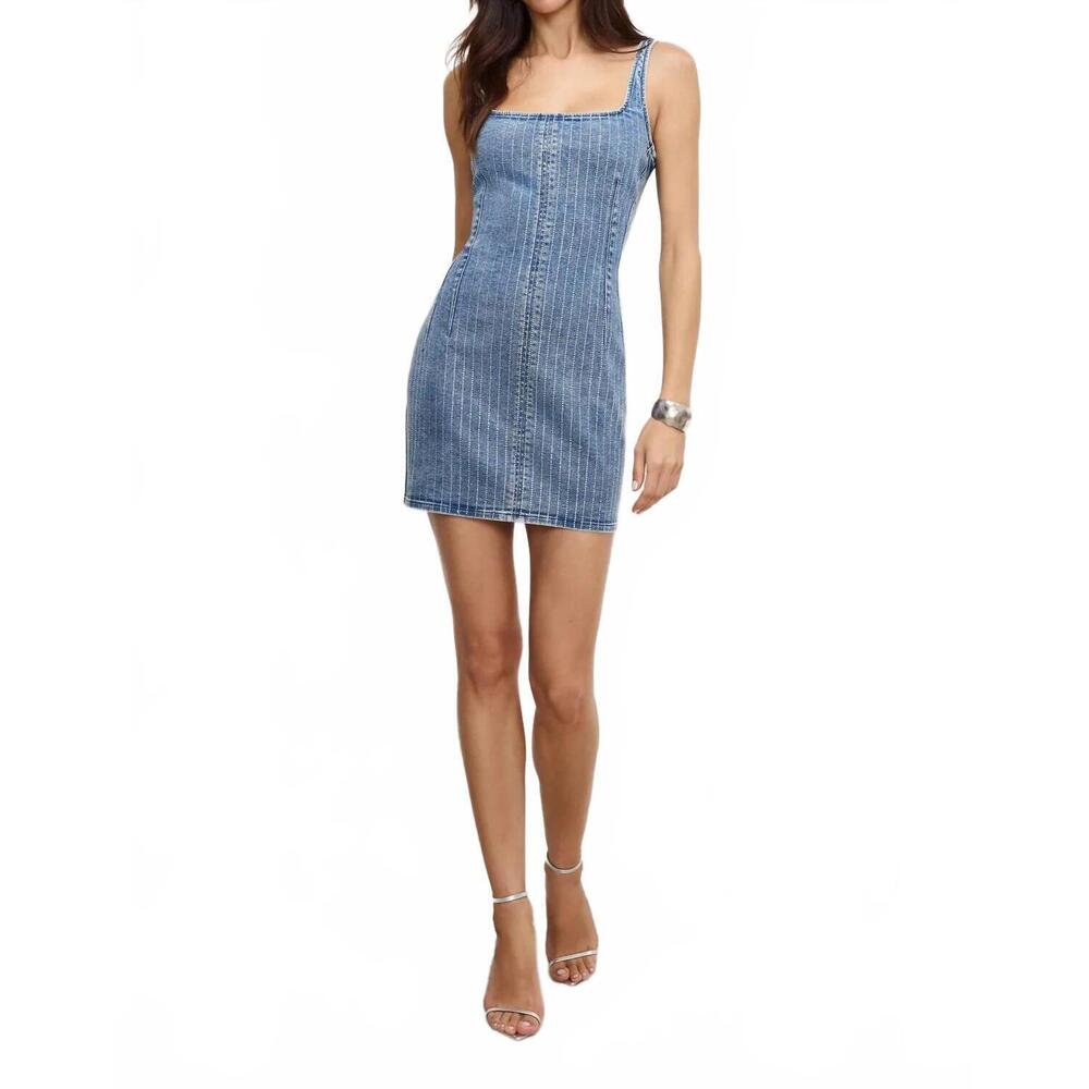 NEW GOOD AMERICAN denim rhinestone mini dress in indigo - Picture 5 of 6